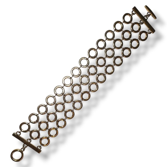 Estate Jewelry - Gold Tone Multi‎ Ring Link Bracelet 7.5" Wide Statement Toggle Chain Bold